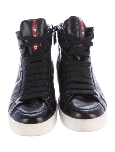 prada sport leather round-toe sneakers|Prada high top designer sneakers.